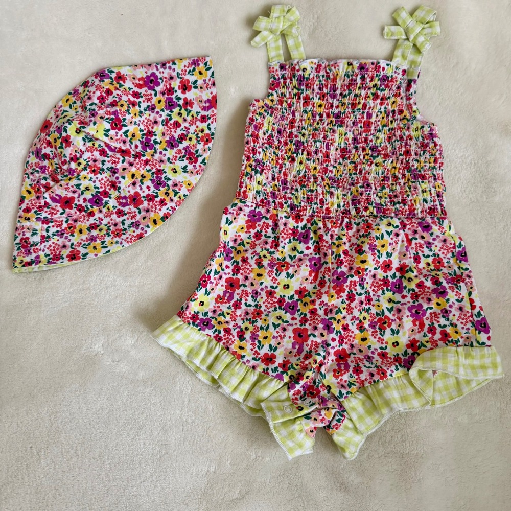 Wonder Nation Baby Girl Smocked Floral Romper Hat Set Sz 12M Gingham